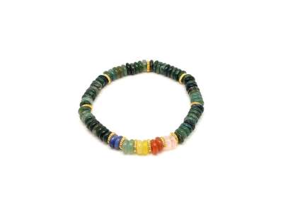 Achát moha ásvány karkötő 5 korong köves díszítéssel 6×2 mm