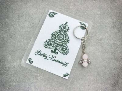 Karácsony angyali érintése rózsakvarc kulcstartó üdvözlőkártyával