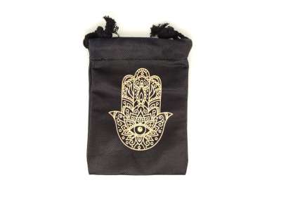 Arany Hamsa mintás szütyő – textil ajándéktasak 13x18 cm