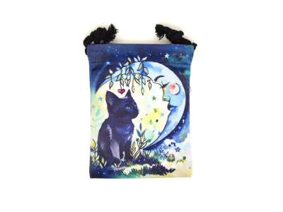 Holdfényes macska mintás szütyő – textil ajándéktasak 13x18 cm
