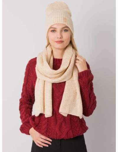 Női sapka és sál szett RUE PARIS bézs színű