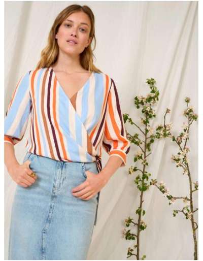 Kék és narancssárga csíkos, háromnegyedes ujjú blúz 34