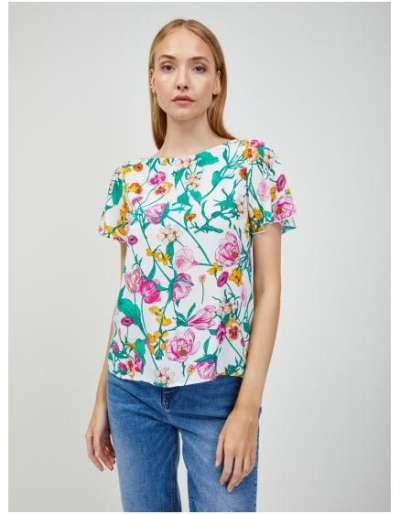 Zöld-fehér virágos blúz hátul megkötővel