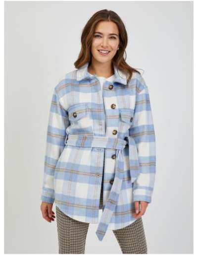 Fehér és kék női kockás ingkabát nyakkendővel
