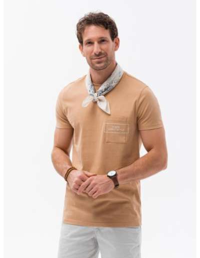 Férfi pamut póló, zsebnyomással, világosbarna V6 S1742