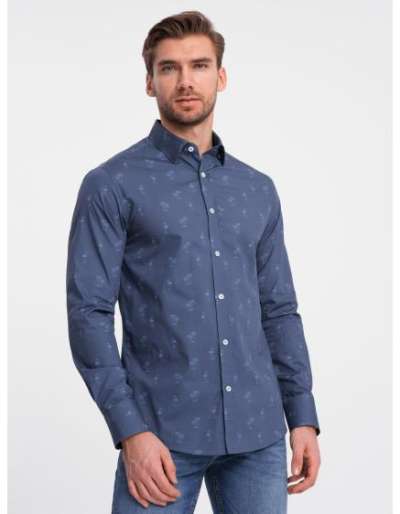 Férfi pamut SLIM FIT ing pálmafákkal sötétkék