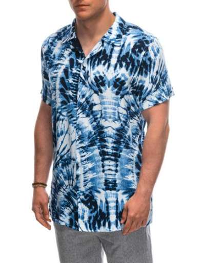 Férfi viszkóz mintás rövid ujjú ing OM-SHPS-0113 fehér/tengerészkék