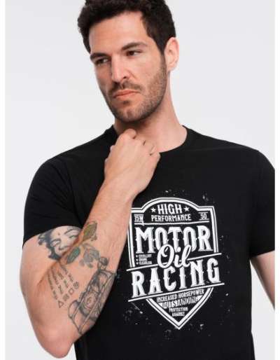 Férfi motorkerékpár nyomtatott póló fekete