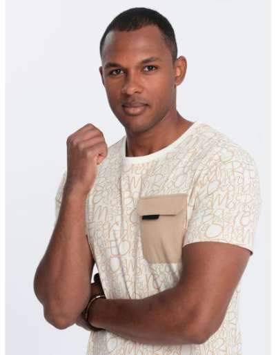 Férfi pamut póló betűkkel és zsebbel krém és barna színben