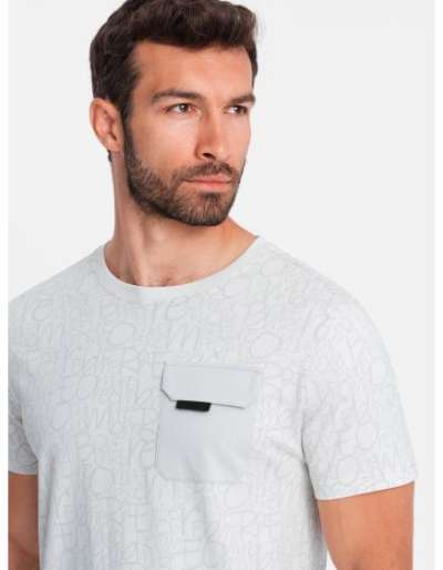 Férfi pamut póló betűkkel és zsebbel, fehér és szürke