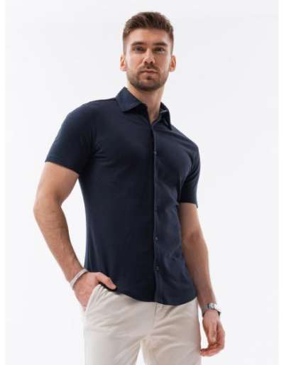 Férfi rövid ujjú kötött póló rövid ujjal és gallérral sötétkék