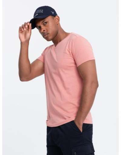 Férfi klasszikus pamut V-nyakú BASIC póló rózsaszín V7 OM-TSBS-0145