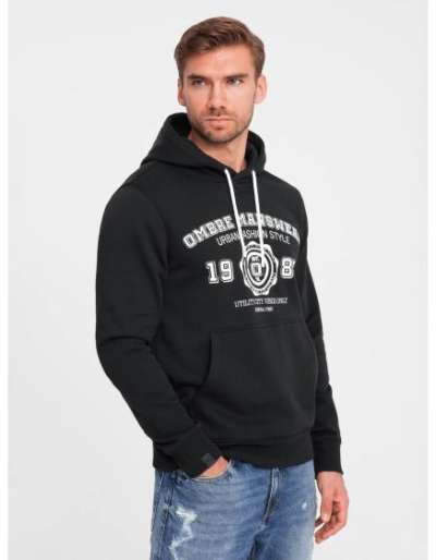 Férfi nyomtatott kenguru kapucnis pulóver fekete