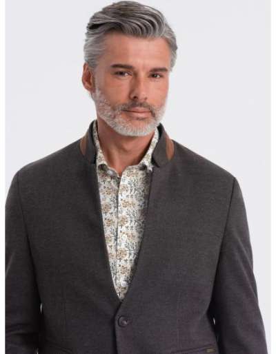 Férfi melange műselyem dzseki állógallérral fekete melange