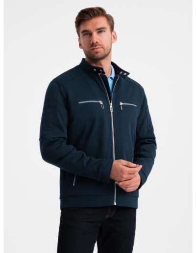 Férfi motoros dzseki gallérral és zsebekkel sötétkék