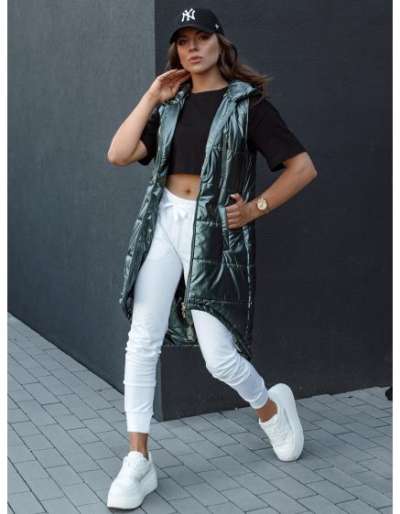 Női hosszú steppelt mellény kapucnival MERIS sötétzöld