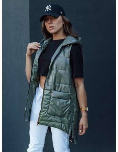 Női hosszú steppelt mellény kapucnival JESS zöld