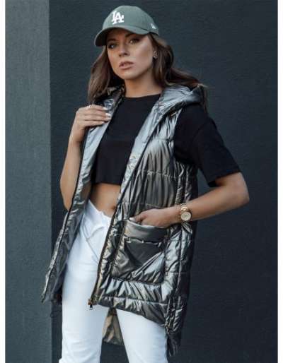 Női hosszú steppelt mellény kapucnival JESS sötétszürke