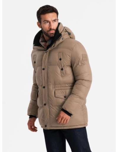 Férfi hosszú pehelypaplan dzseki foltos zsebekkel - barna V2