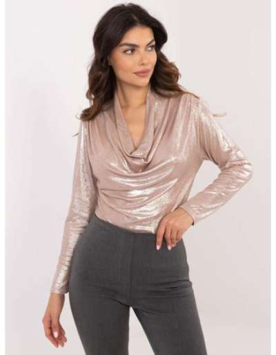 Bézs színű, szabott formális blúz csillogó nyakkivágással