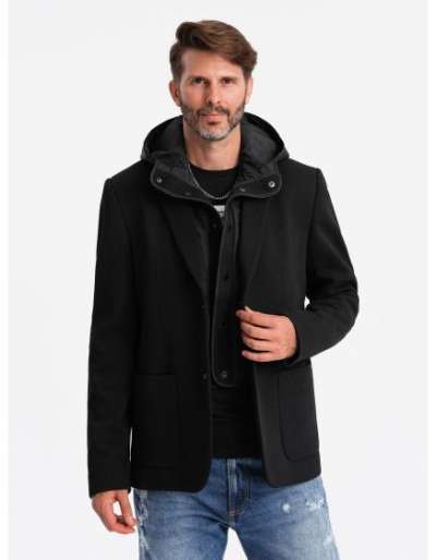 Férfi kabát magas gallérral és kapucnival - fekete
