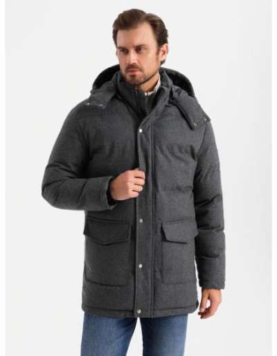 Férfi hosszú meleg parka kabát gyapjúval - fekete melange V2