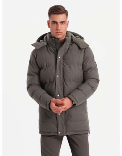 Férfi hosszú meleg parka kabát gyapjúval - sötétszürke melange V4