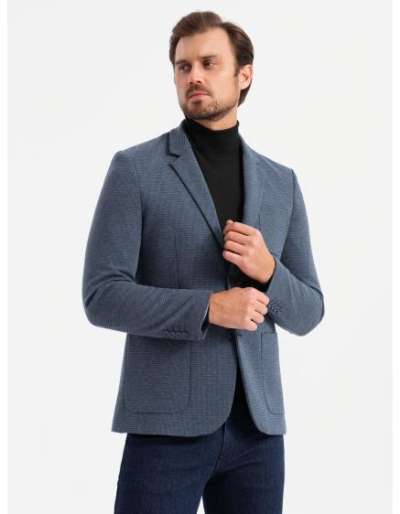 Férfi bélelt kabát kapucnival és magas gallérral - sötétkék V3