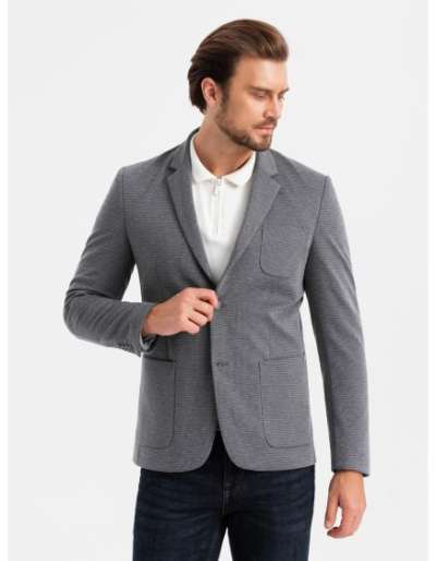 Férfi kabát kapucnival és magas gallérral - sötétkék V3