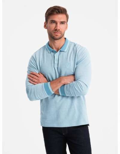 Férfi melange hosszú ujjú hímzett pólóing - kék melange V3