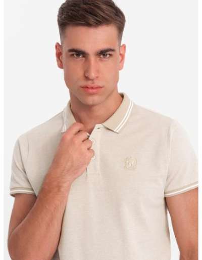 Férfi melange pólóing csíkos gallérral - homok V4 OM-POSS-0109 OM-POSS-0109