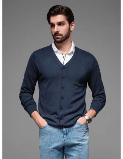 Férfi kötött pulóver strukturált pöttyökkel - tengerészkék V1 OM-SWSW-0118