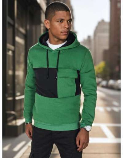 Férfi pulóver kapucnival, sötétzöld