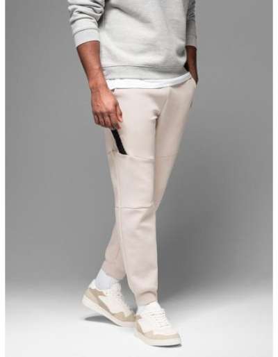 Férfi melegítőnadrág bordás szegéllyel és díszes cipzárral - homokszínű V6 OM-PASK-0226