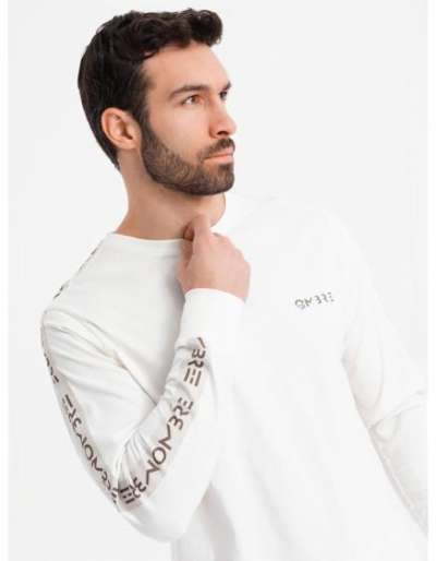 Férfi pamut U nyakkivágású hosszú ujjú póló paszományozással és mellkasnyomattal - tört fehér V3 OM-LSCL-0127