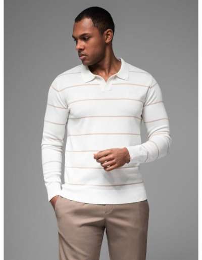 Férfi vízszintes csíkos hosszú ujjú póló viszkózával - fehér és bézs V4 OM-POLS-0146