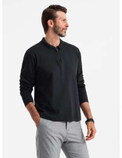 Férfi hosszú ujjú pólóing cipzáras gallérral - fekete V8 OM-POLS-0130