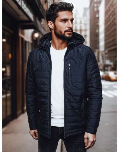 Férfi steppelt kabát kapucnival, sötétkék