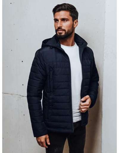 Férfi steppelt kabát kapucnival, sötétkék