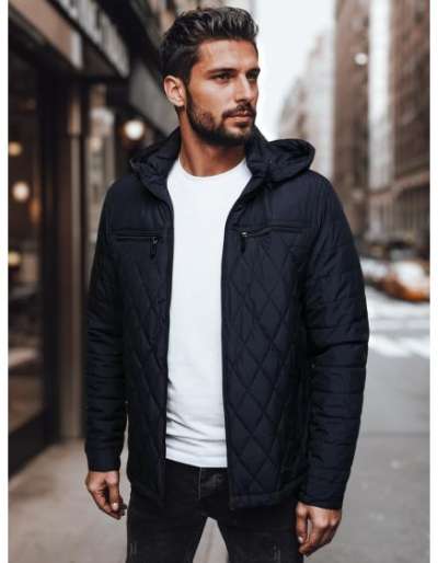 Férfi steppelt kabát kapucnival, sötétkék
