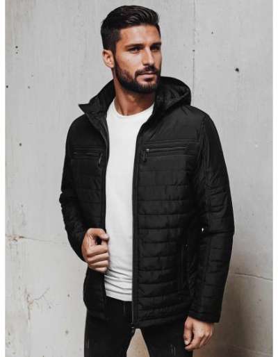 Férfi steppelt kabát kapucnival, fekete