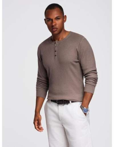 Férfi csíkos pulóver gombokkal a nyaknál – szürke V4 OM-SWSW-0182