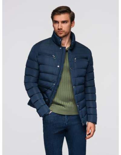 Férfi steppelt kabát állógallérral és cipzárral a mellkason – sötétkék V2 OM-JALP-0260