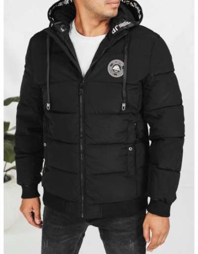 Férfi téli steppelt kabát kapucnival, fekete