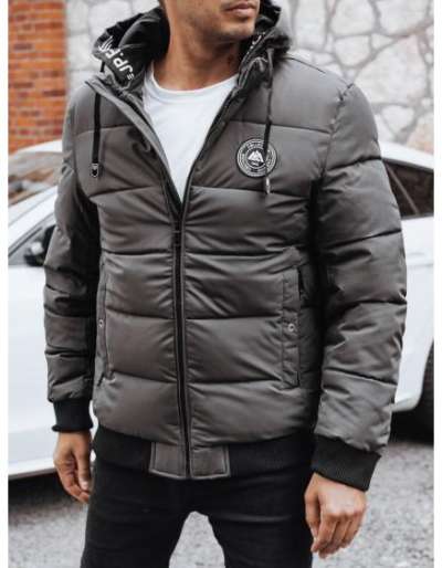 Férfi téli steppelt kabát kapucnival, szürke