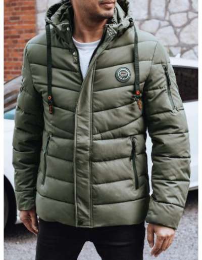 Férfi téli steppelt kabát kapucnival, zöld