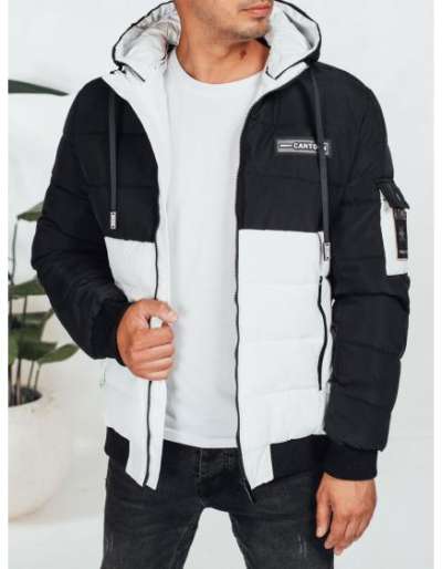 Férfi téli kabát kapucnival, fekete és fehér
