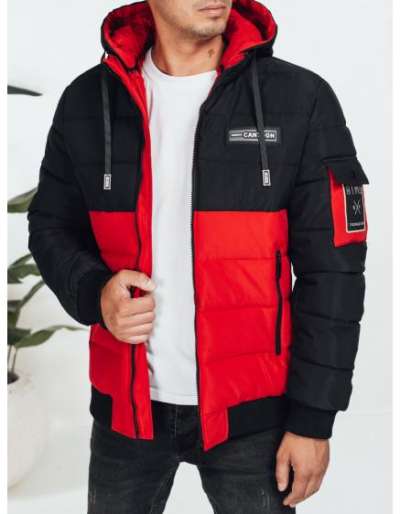 Férfi téli kabát kapucnival, fekete és piros