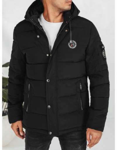 Férfi téli steppelt kabát kapucnival, fekete