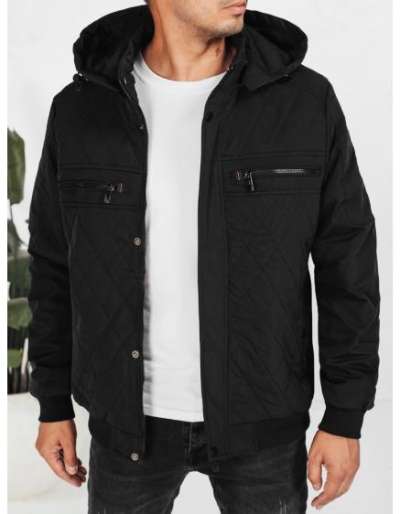 Férfi steppelt kabát kapucnival, fekete